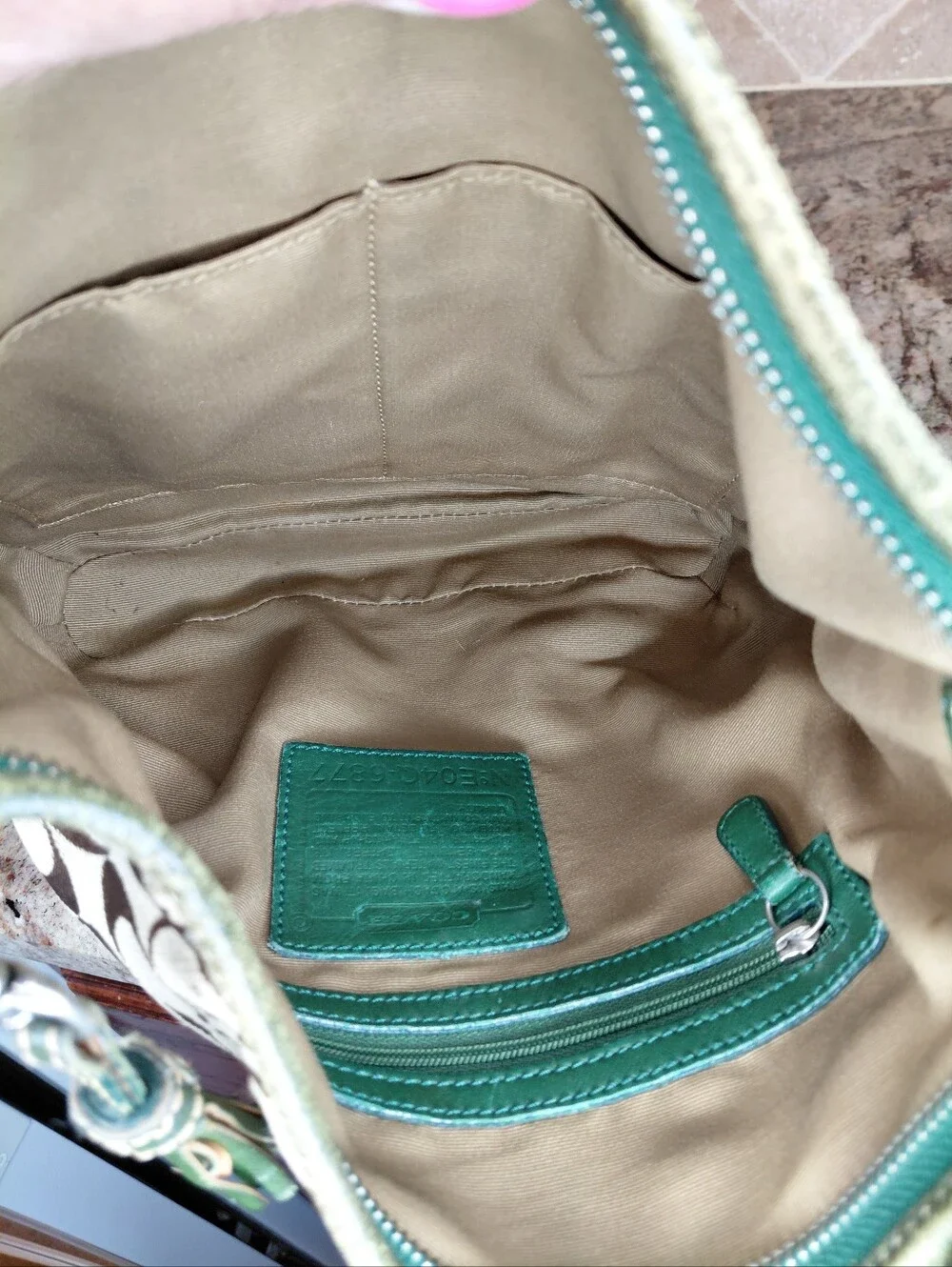 Coach Vintage Signature Stripe Hobo Bag Green Suede Style Number 6877